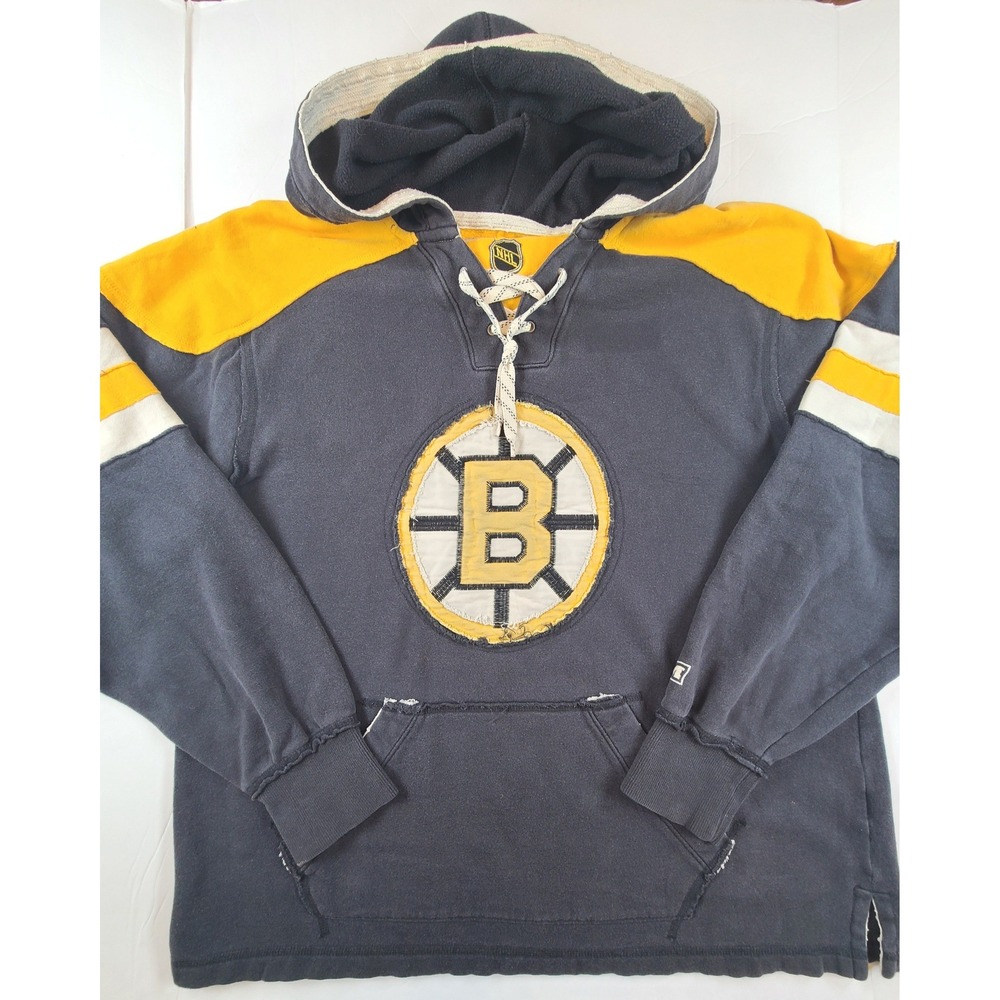 Vintage CCM Boston Bruins NHL Lace Up Hoodie Mens Large Black Yellow Ice Hockey